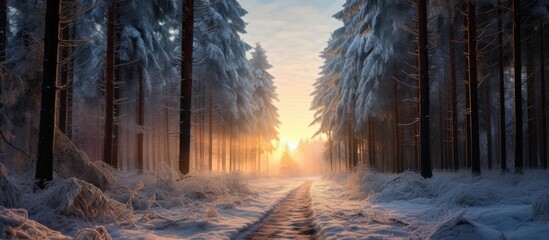 The sunlight filters through the snowy forest trees, creating a breathtaking atmosphere in the...