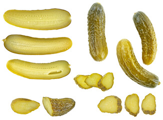 Set of pickle cucumbers and slices isolated on a white background. Marinated small cut green cucumbers, top view.
