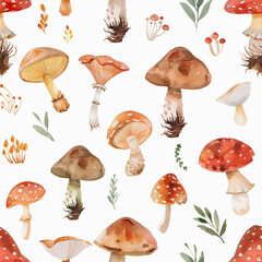 Charming watercolor seamless pattern with whimsical mushrooms in a flat style. Perfect for scrapbooking, gift wrapping, and nature-themed designs