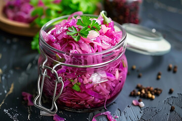 Homemade fermented red cabbage or sauerkraut - obrazy, fototapety, plakaty