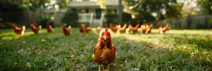 A flock of chickens roam in green paddock. Free range chicken on traditional poultry farm. Organic farming, back to nature concept - obrazy, fototapety, plakaty