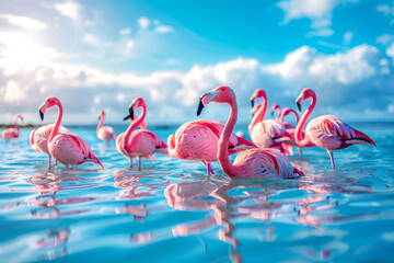 A group of pink flamingos are swimming in a body of water - obrazy, fototapety, plakaty