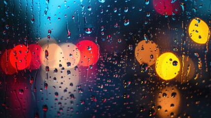 Serene moment of raindrops on a window, casting a kaleidoscope of hues.