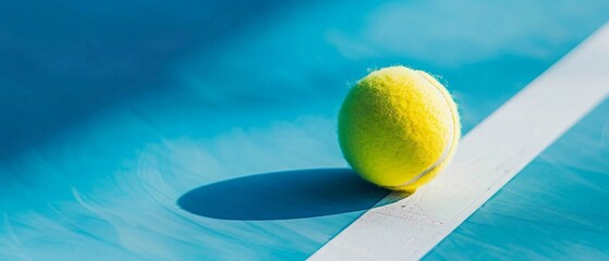 Tennis ball on the background of a tennis court. The concept of a sporting lifestyle. Photo for brochure, banner, cover, certificate. Sports store, club. Photorealism.  - Powered by Adobe