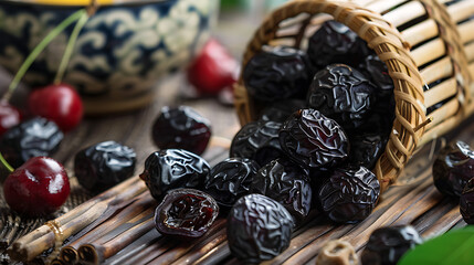 a collection of dried black dates spilling out of a small bamboo basket onto a wooden surface. - obrazy, fototapety, plakaty