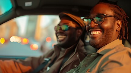 two men sitting in a car smiling