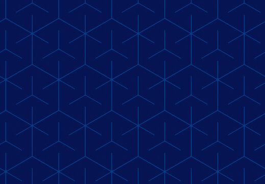 Seamless pattern of blue geometric hexagonal shapes on dark blue background. Abstract and modern high resolution full frame background with repeating pattern.
