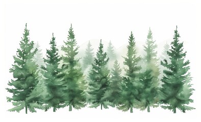 Simple watercolor clipart of an evergreen forest with pine trees, in muted greens and earth tones isolated on a white background