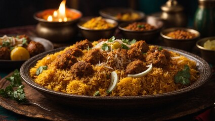 A plate of biryani with a bunch of food on it