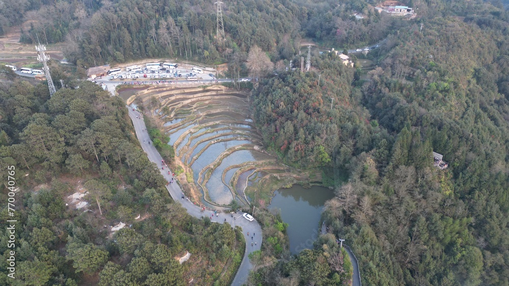 Poster Aerial view of a mountain town: Yuanyang, Bada, China