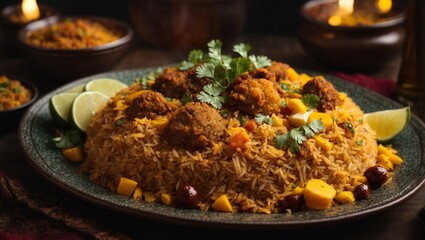 A plate of biryani with a bunch of food on it