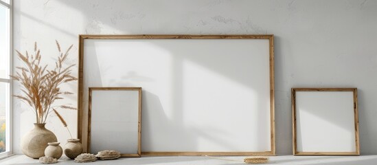 Large landscape wooden frame mockups in various sizes like 50x70, 20x28, A3, and A4 are displayed on a white wall. - obrazy, fototapety, plakaty