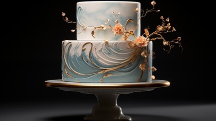 Pearlescent shimmering finish glowing across the marbled fondant tiers of a elegant cake.