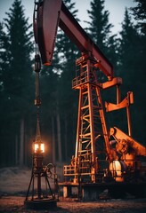 Oil pump jack on the oil field in the rays of the setting sun