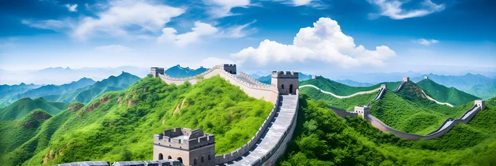 Tableaux ronds sur plexiglas Mur chinois The Serpentine Great Wall of China – An Image of Resilience and Grandeur in Tranquil Setting