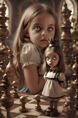 little girl Alice with chess in wonderland. close up portrait. digital artwork. painting style. Ai generated - 770041197