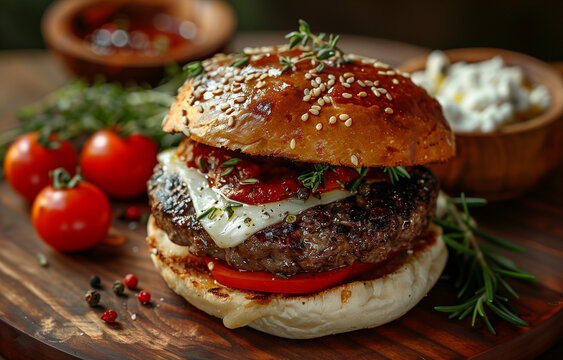 Hamburguesa a la parilla con salsa, pan de semillas, tomate, cebolla y queso