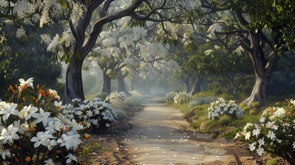 A captivating view of a forest path lined with blooming white jasmine and mango trees, under a...