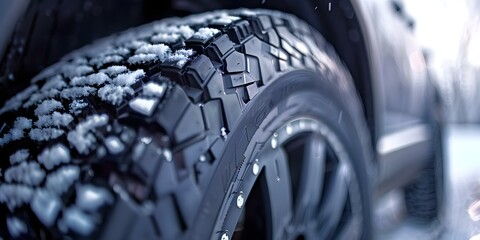 Winter Car Maintenance and Safety Tips: Close-Up of Snow-Ready Tires. Concept Winter Driving, Tire Safety, Car Maintenance, Snow-Ready Tires, Close-Up Shots - obrazy, fototapety, plakaty