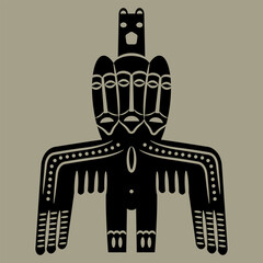 Tribal ancient Siberian totem idol. Permian animal style. Winged pagan shaman deity with three faces. Monochrome silhouette.