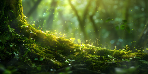 A closeup shot of moss and plants growing on a tree branch in the forest. - obrazy, fototapety, plakaty