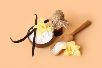 Composition with vanilla powder, sugar, extract and flowers on color background