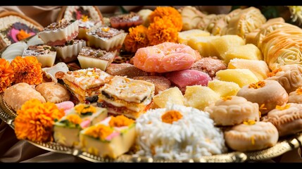 A close-up of a beautifully arranged platter of Bengali New Year delicacies, including sweets like Sandesh, Rasgulla, and Pithe.