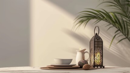 a lantern is lit on a table in a room