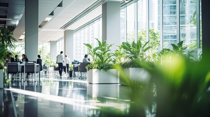 Business workplace, people in walking in blurred motion in modern office space with a green plants,...
