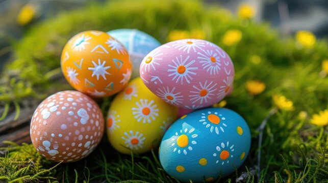 The playful colors and designs of painted Easter eggs nestled in a bed of green grass and vibrant flowers evoke the spirit of renewal and celebration.