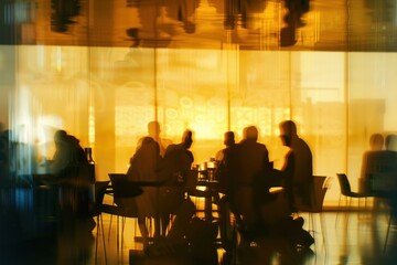 blurry image of people gathered at a conference room