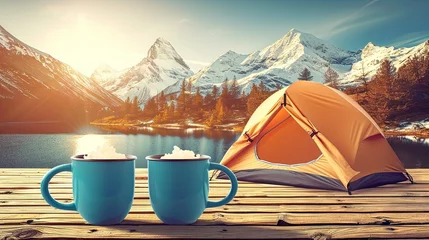 Poster camping in the mountains. two cups of tea. Generative AI © anna