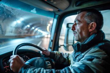 Obraz premium A man is driving a truck in a tunnel at night
