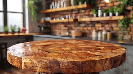A round wooden table with detailed grain texture in a rustic kitchen with brick wall and open shelves