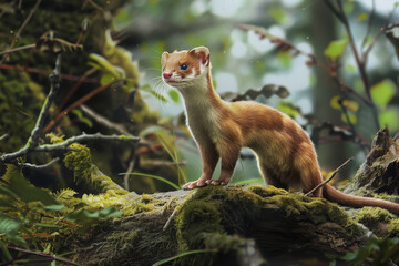 Obraz premium A small brown animal with a white face stands on a mossy log in a forest