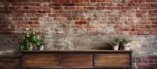 A hardwood rectangular table displaying various potted plants, placed against a brick wall backdrop. The mix of wood and brickwork creates a charming and natural aesthetic - obrazy, fototapety, plakaty