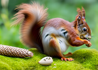 Colorful squirrel on moss in the forest. Image of a forest cute squirrel in the natural environment cracks a cone. Background.
