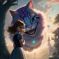 little girl Alice with Cheshire cat in sureal wonderland. digital artwork. painting style. Ai generated