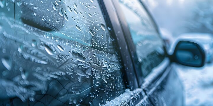 Frozen glass on car window emphasizing the need for winterizing vehicles for safe travel in icy conditions. Concept Winterizing Vehicles, Icy Conditions, Frozen Glass, Safe Travel