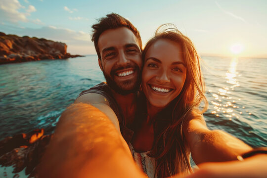 A couple is smiling and posing for a picture in the ocean