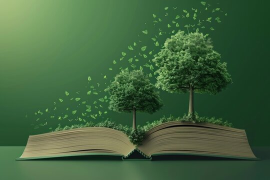 An open book with an illustration of trees and plants growing from its pages