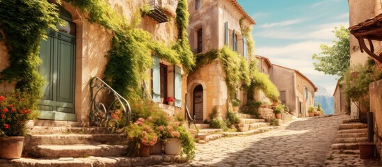 Fototapeta na wymiar A quaint cobblestone street with charming houses and lush potted plants under a sunny sky, creating a picturesque scene on a beautiful day