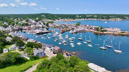 Rockport Harbor aerial view including Bearskin Neck and Motif Number 1 building in historic waterfront village of Rockport, Massachusetts MA, USA. 