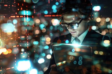 A young businessman in glasses is using his tablet against the backdrop of night city lights - Powered by Adobe