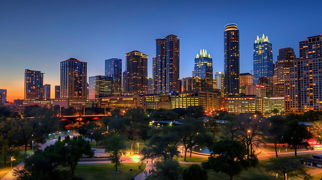 a city skyline at dusk, with a beautifully illuminated park in the foreground.