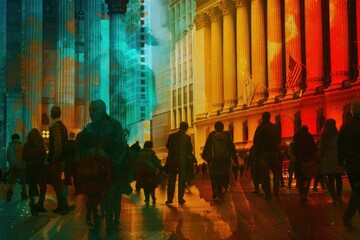 many people stand in front of the wall street stock exchange - obrazy, fototapety, plakaty