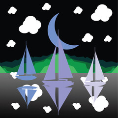 Sailing boats on the background of the night sky