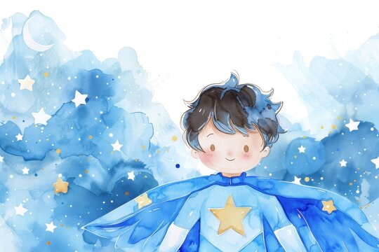 cartoon boy in a blue superhero outfit