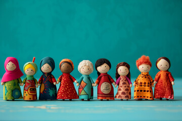 Global People diversity concept art shows in colorful puppet figures in blue background, Multi ethical puppet figures standing in a row, Traditional handmade cute wooden puppets in traditional costume