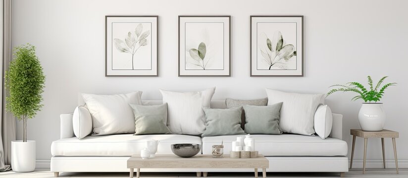 A stylish living room with a cozy white couch, a coffee table, and beautiful paintings hanging on the grey walls, creating a comfortable and artistic atmosphere